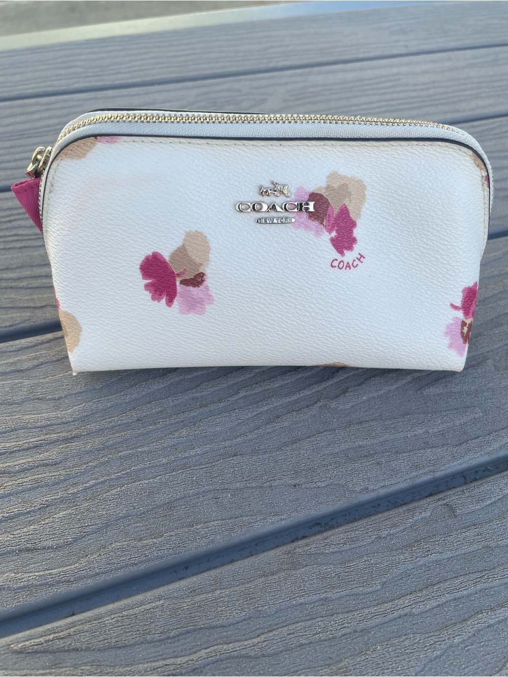Coach White Floral Zip Cosmetic Pouch with Pink and Tan Accents